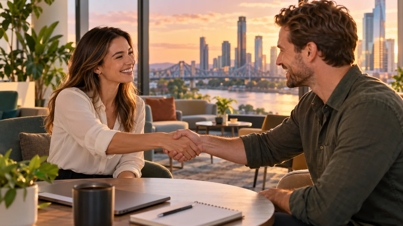 Illustrative smart-casual recruiter and candidate sharing a smile and a handshake in a relaxed, sunlit interview setting